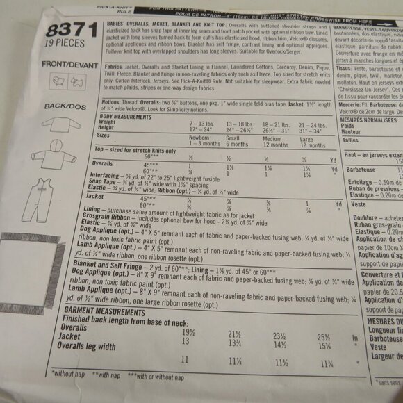 Simplicity 8371 Clothing Sewing Pattern NB- 18mts UNCUT Overalls, Jacket etc - Picture 8 of 9